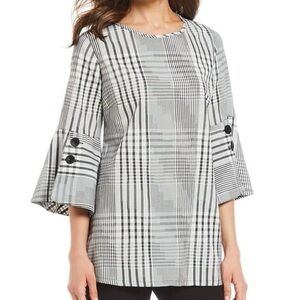 Ali Miles Black and White Plaid Tunic Blouse Top 3/4 Sleeve Size XL Chic Career